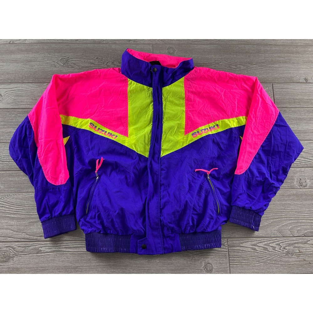 Vintage Suzuki Windbreaker Jacket Black Sheep Neon Pink Purple XL Made in USA 90